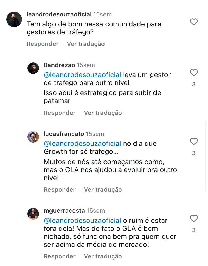 Comentários no Instagram em que membros dizem que o GLA leva um gestor de tráfego para outro nível e ajuda a evoluir além do tráfego