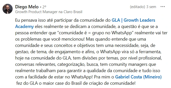Post de Diego Melo, Growth Product Manager na Claro Brasil, contando que achava que comunidade era só grupo no WhatsApp até entrar na comunidade do GLA