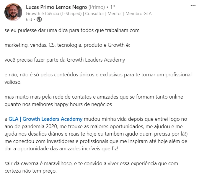 Post de Lucas Primo Lemos Negro recomendando a Growth Leaders Academy pela rede de contatos e pelas oportunidades que ela trouxe
